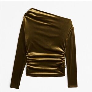 Abercrombie & Fitch Olive Green Gold Velvet One Shoulder Ruched Top